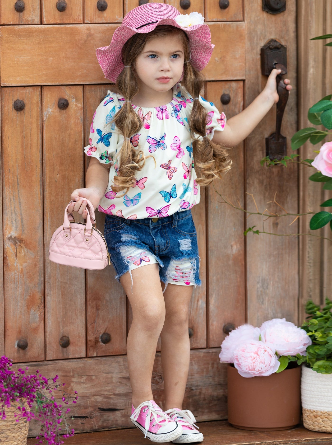 Girls Spring Outfits | Butterfly Top & Patched Denim Shorts Set