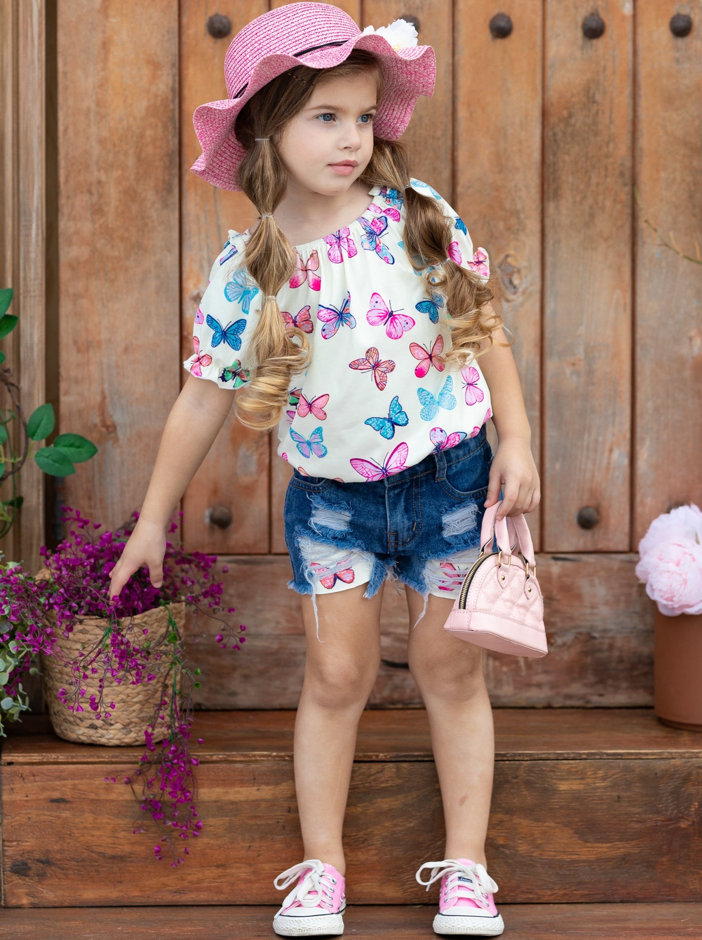 Girls Spring Outfits | Butterfly Top & Patched Denim Shorts Set