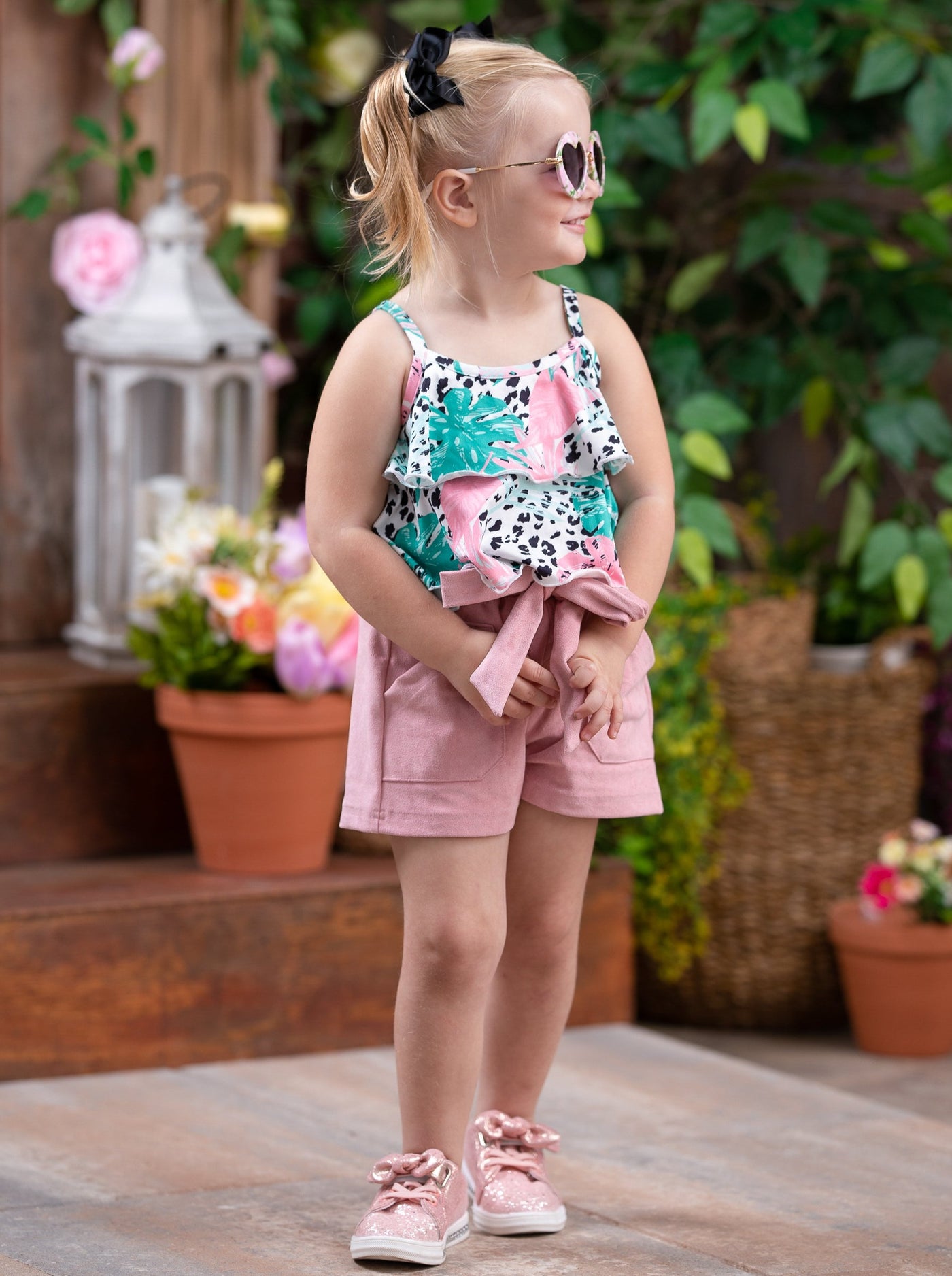 Spring Clothes | Girls Tropic Leopard Ruffle Top & Belted Shorts Set