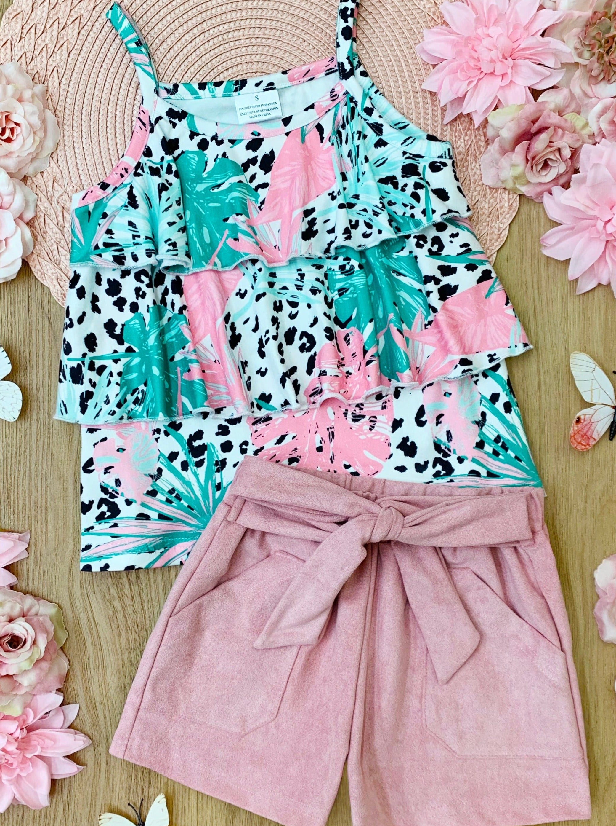 Spring Clothes | Girls Tropic Leopard Ruffle Top & Belted Shorts Set ...