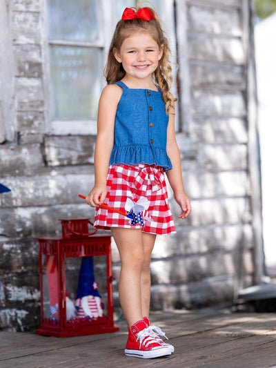Toddler Spring Outfits | Girls Chambray Tank Top & Gingham Shorts Set