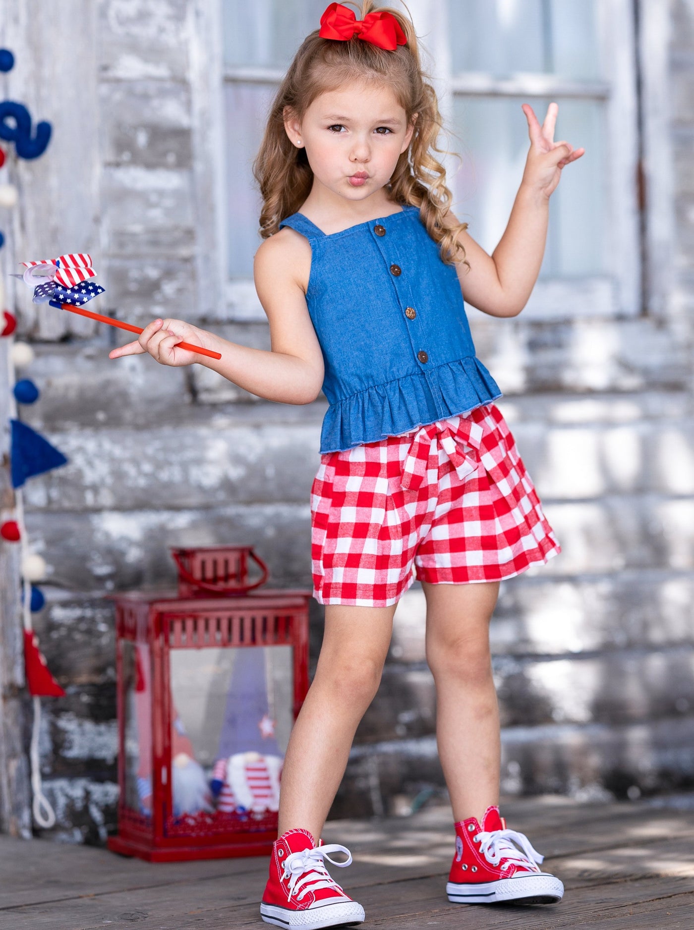 Toddler Spring Outfits | Girls Chambray Tank Top & Gingham Shorts Set