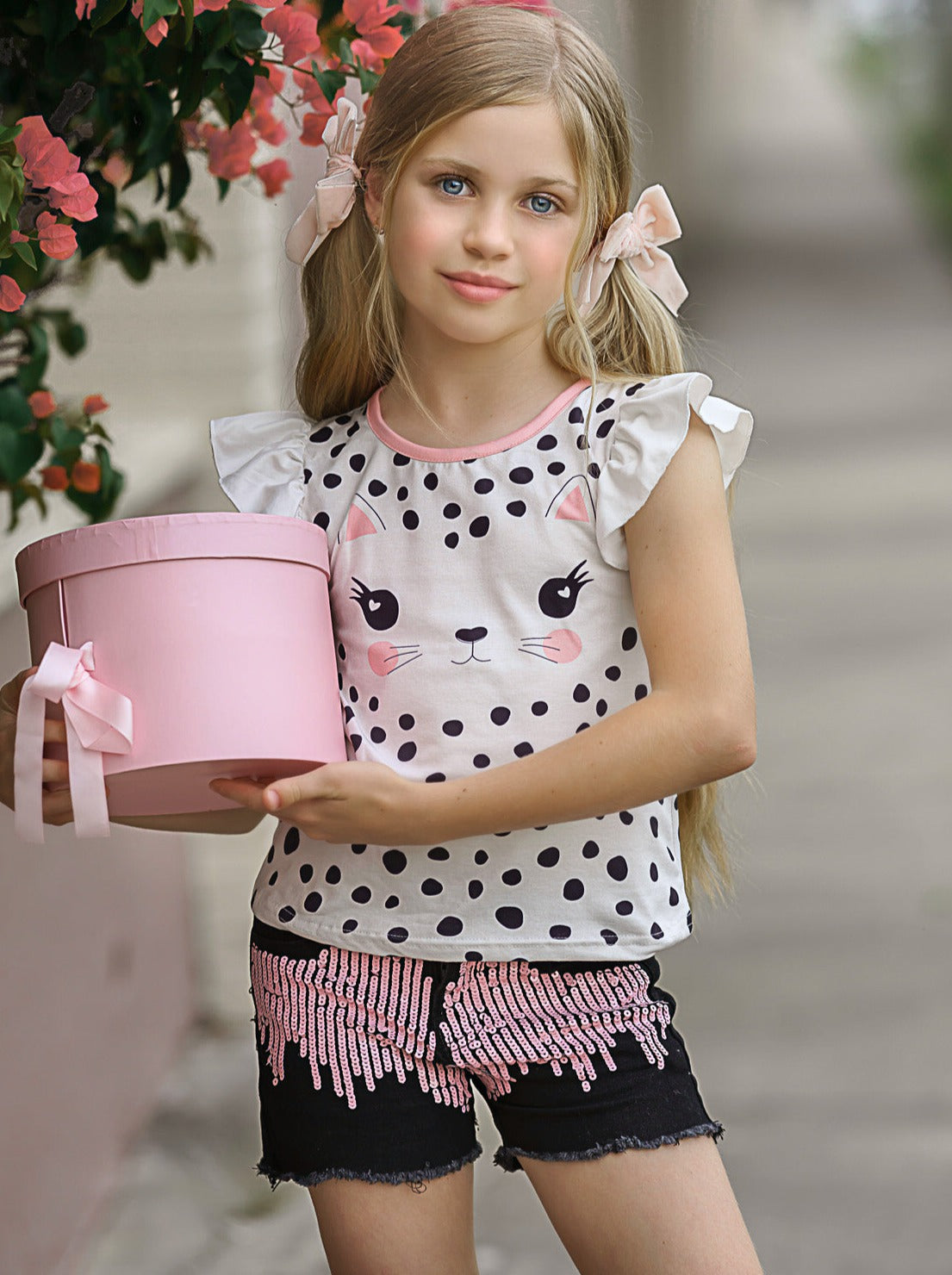 Toddler Outfit | Girls Polka Dot Cat Top & Sequin Denim Shorts Set
