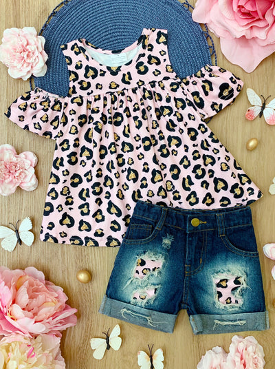 Cute Toddler Outfit | Girls Leopard Print Top & Patch Denim Shorts Set