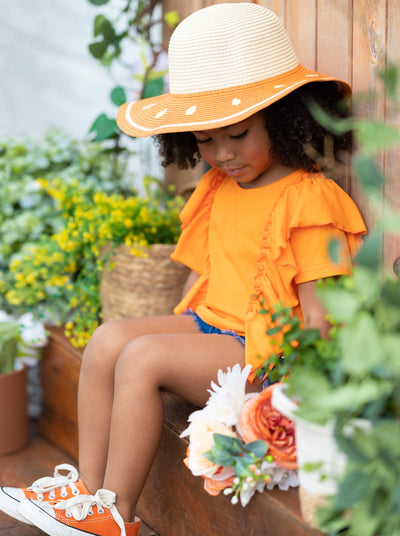 Spring Toddler Outfit | Girls Orange Ruffle Top & Denim Shorts Set