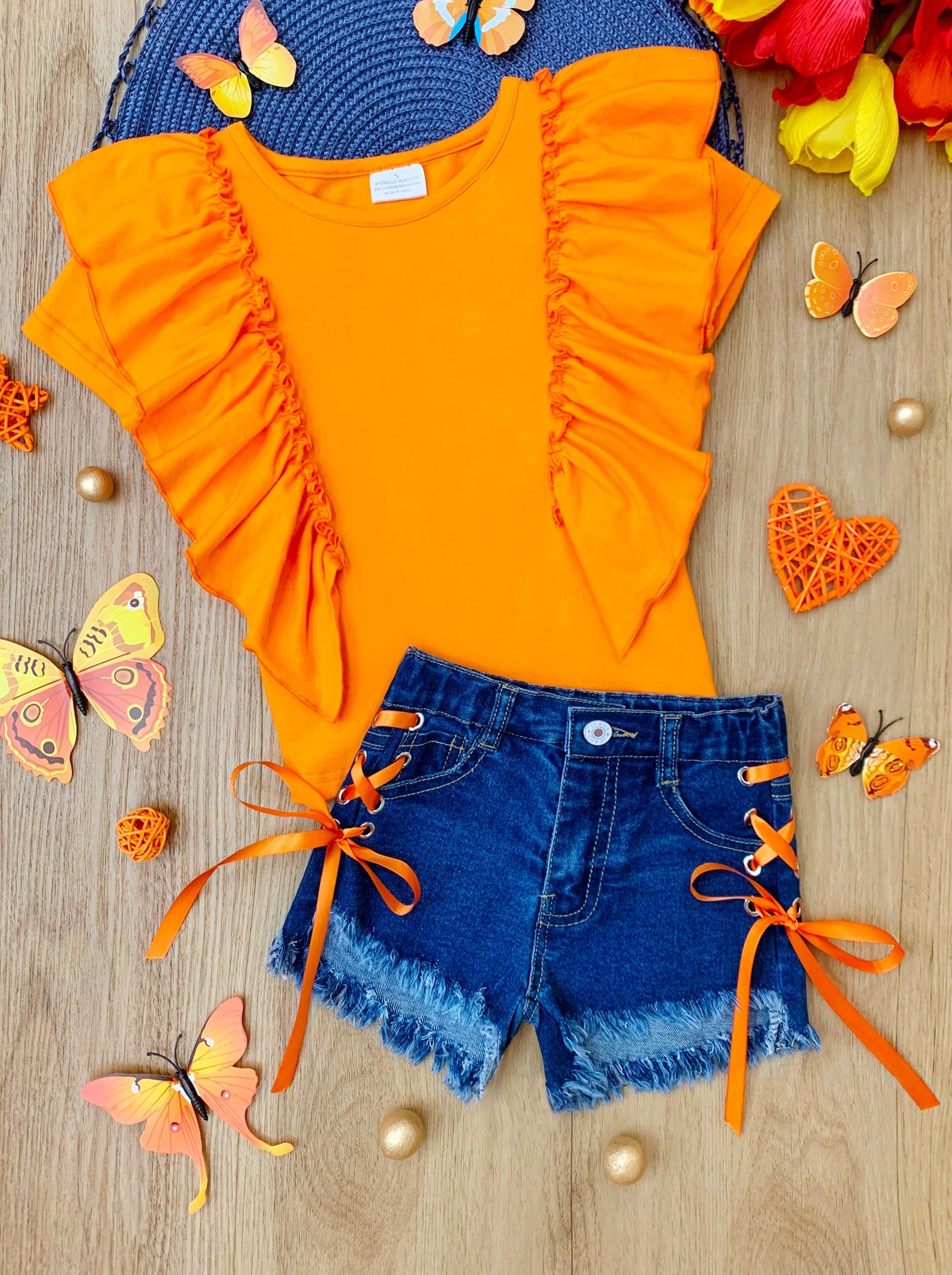 Spring Toddler Outfit | Girls Orange Ruffle Top & Denim Shorts Set