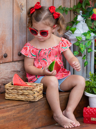 Spring Outfits | Girls Watermelon Plaid Smocked Top & Denim Shorts Set