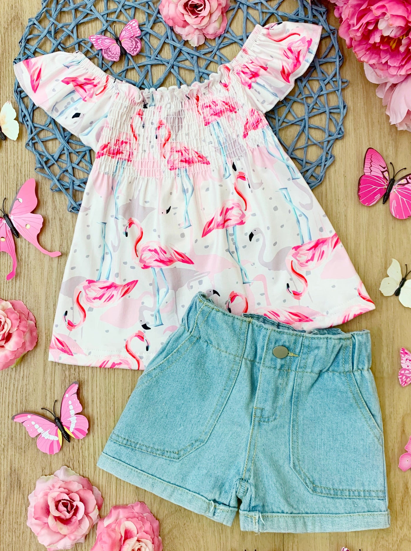 Kids Spring Clothes | Girls Flamingo Smocked Top & Jeans Shorts Set 
