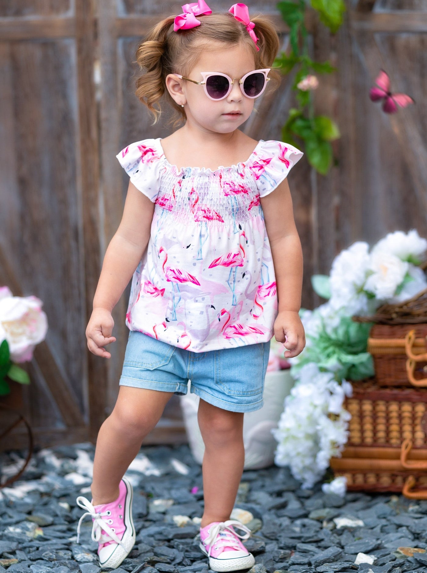 Kids Spring Clothes | Girls Flamingo Smocked Top & Jeans Shorts Set 