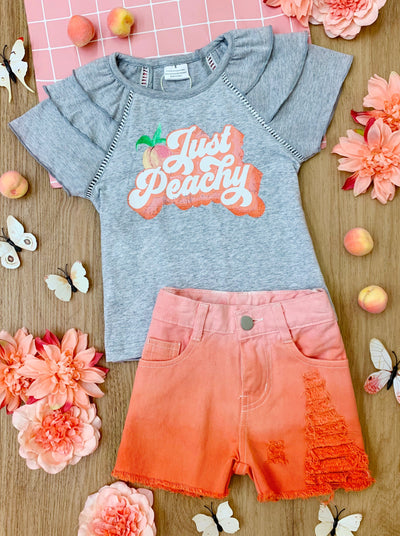 Kids Spring Clothes | Girls Just Peachy Ruffle Top & Denim Shorts Set 
