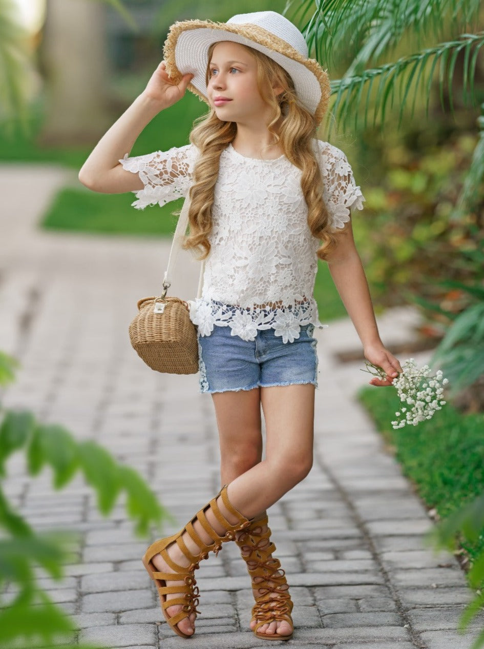 Kids Spring Clothes | Girls Eyelet Lace Top & Lined Denim Shorts Set 