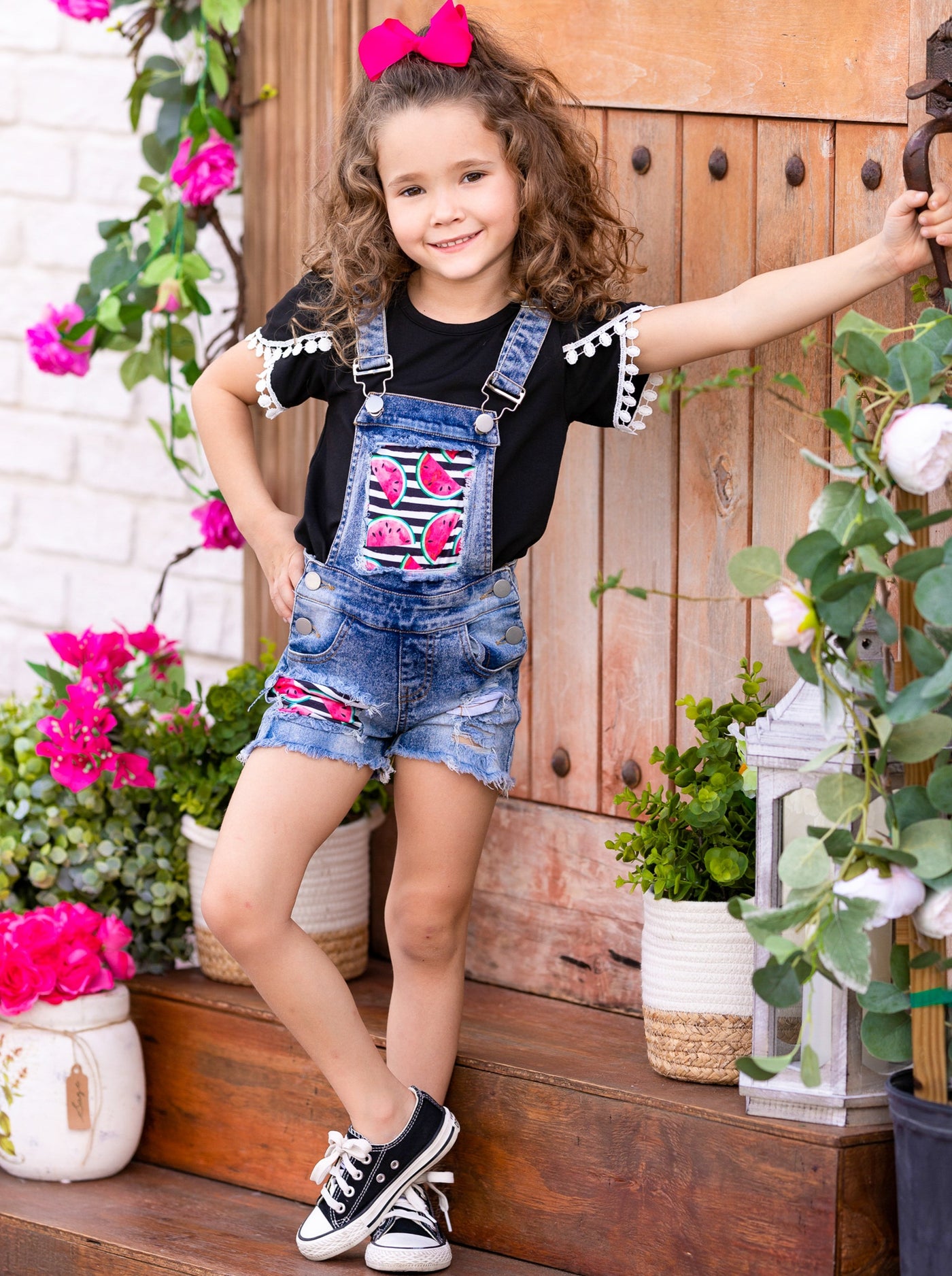 Cute Kids Outfit | Girls Top & Watermelon Patched Denim Overall Shorts