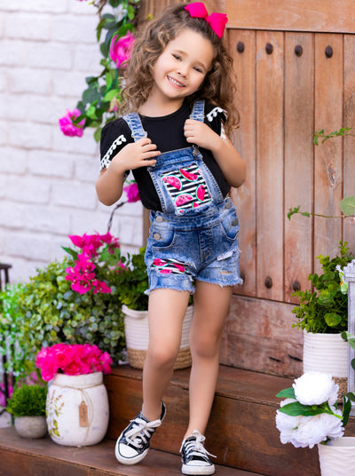 Cute Kids Outfit | Girls Top & Watermelon Patched Denim Overall Shorts