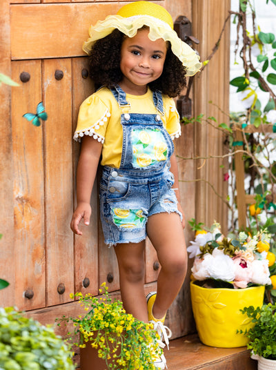 Girls "Lemon Slayed" Top and Patched Denim Overall Short Set