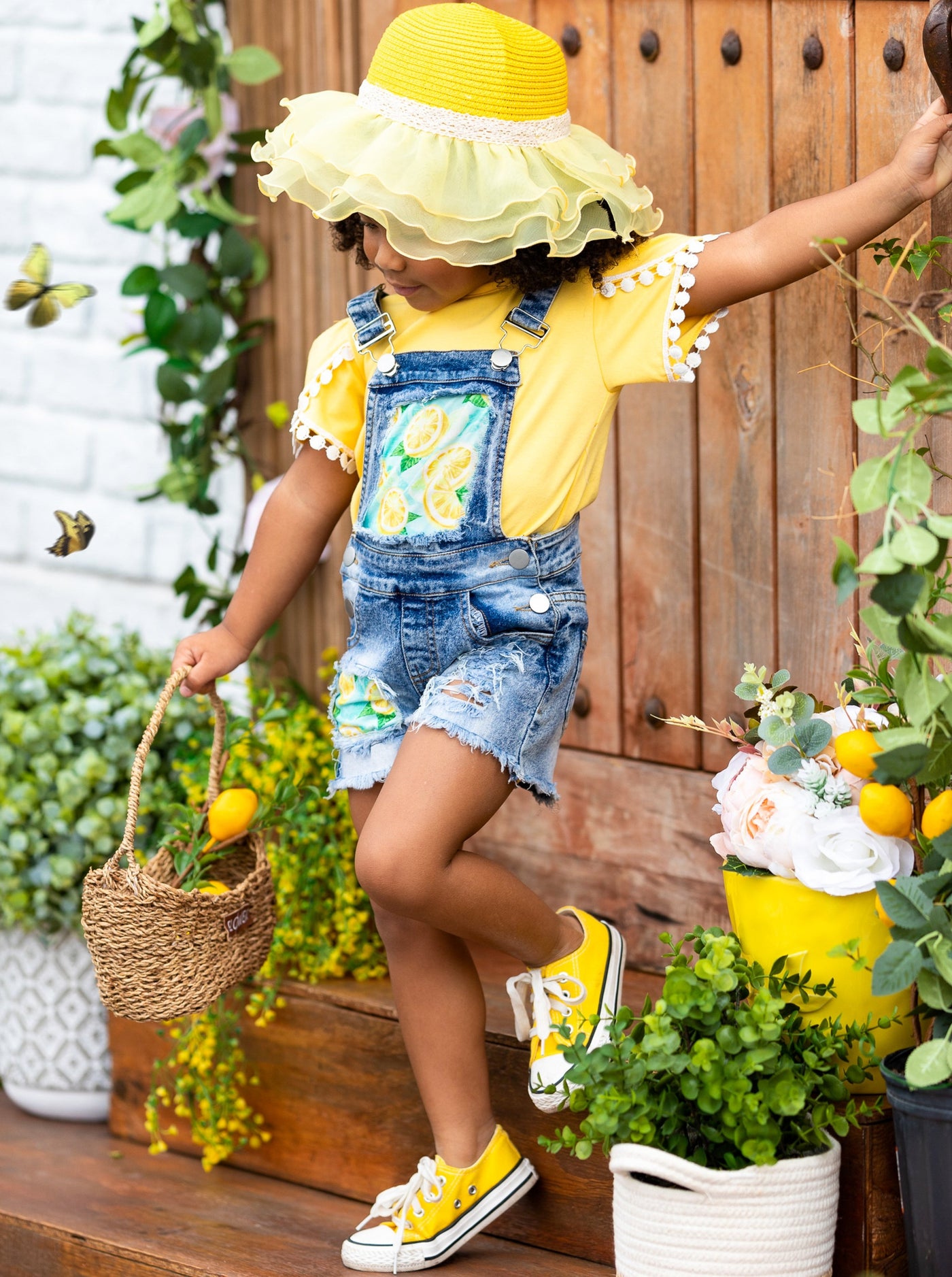 Girls "Lemon Slayed" Top and Patched Denim Overall Short Set