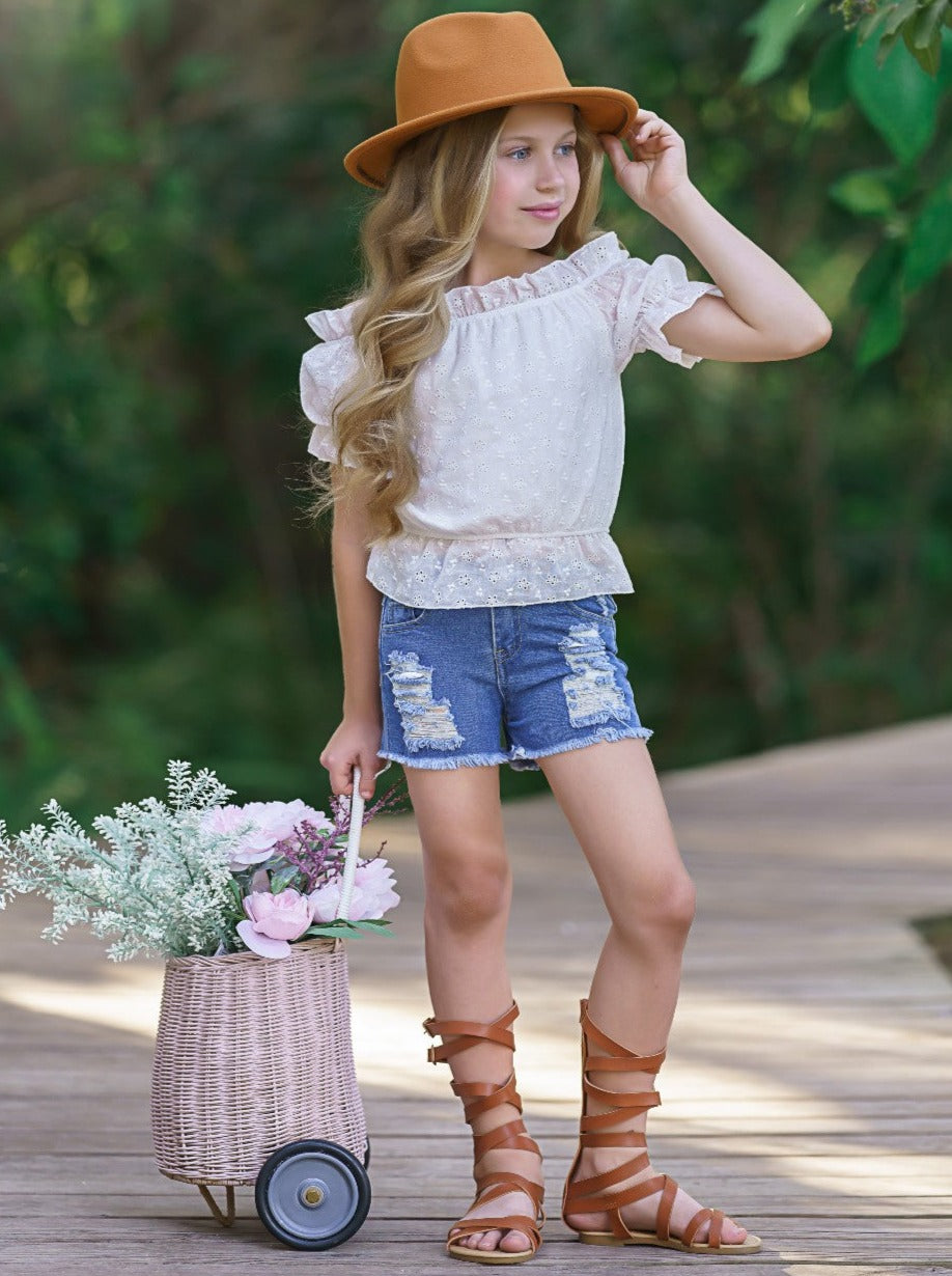 Kids Spring Fashion | Girls Eyelet Ruffle Top & Denim Shorts Set