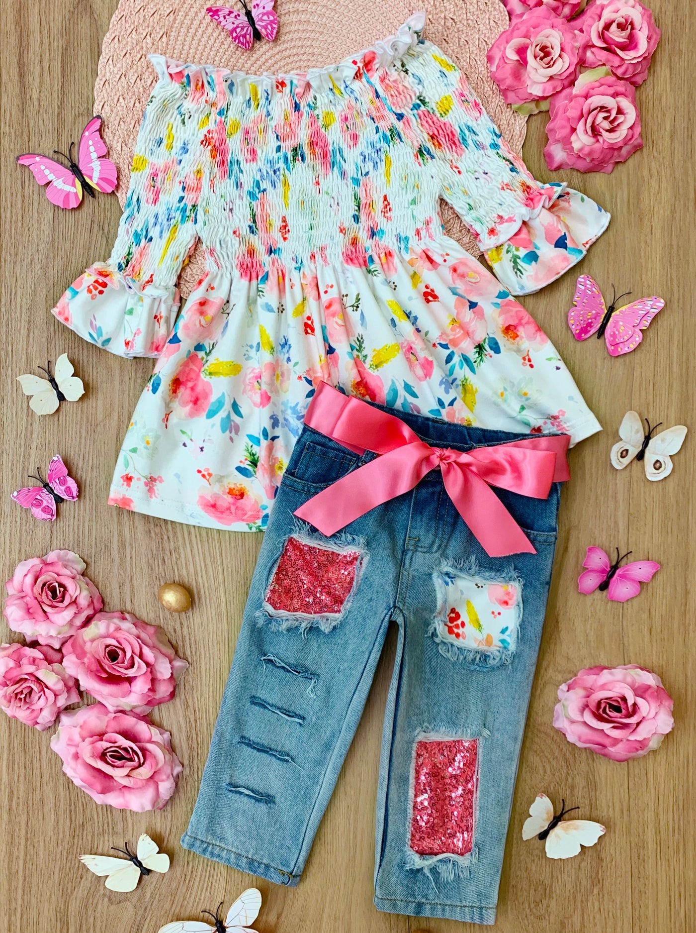 Girls Blossom Bloom Off Shoulder Tunic and Patched Capri Set