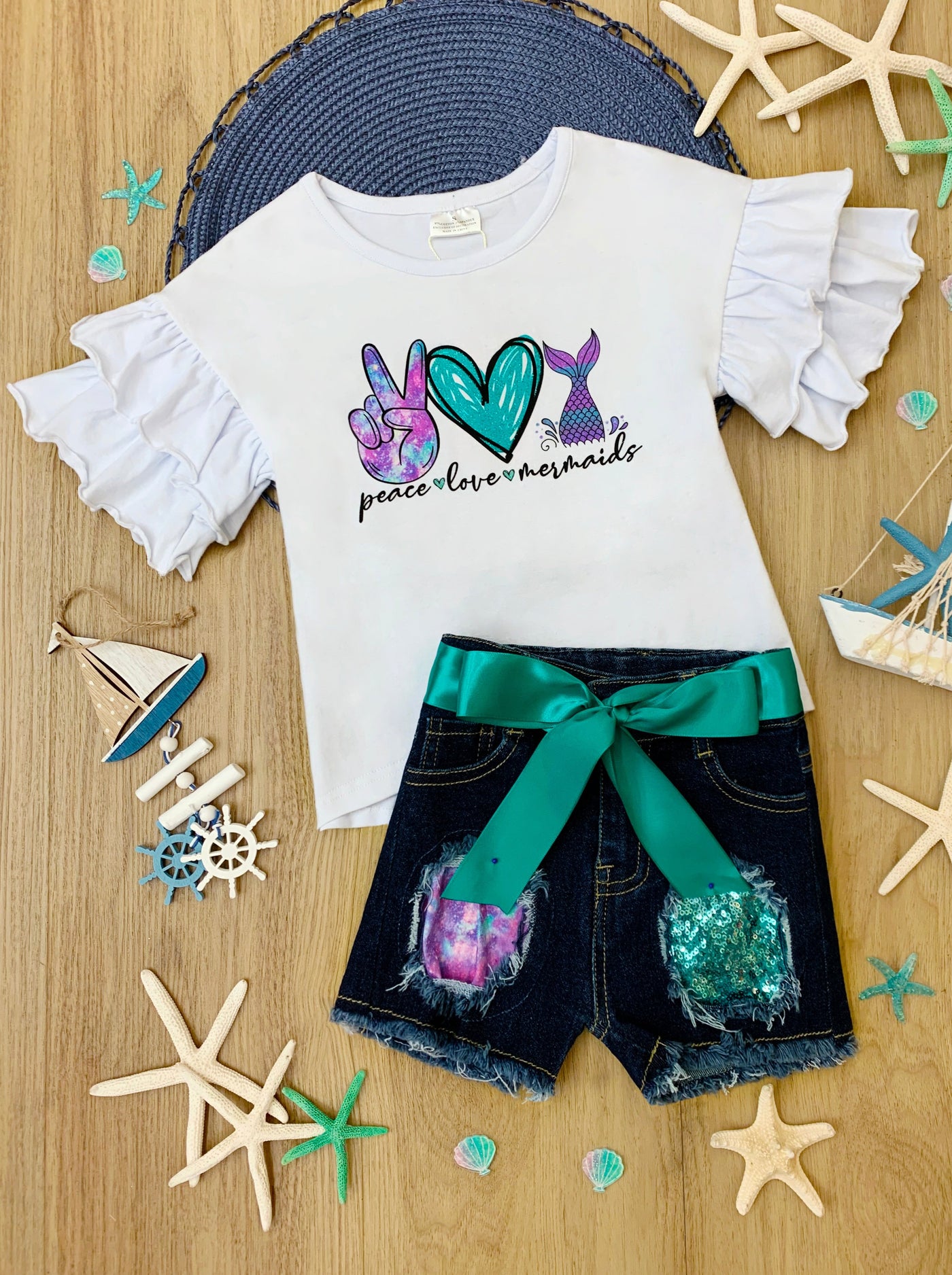Girls "Peace & Love & Mermaids" Graphic Tee and Patched Jean Shorts with Sash Set