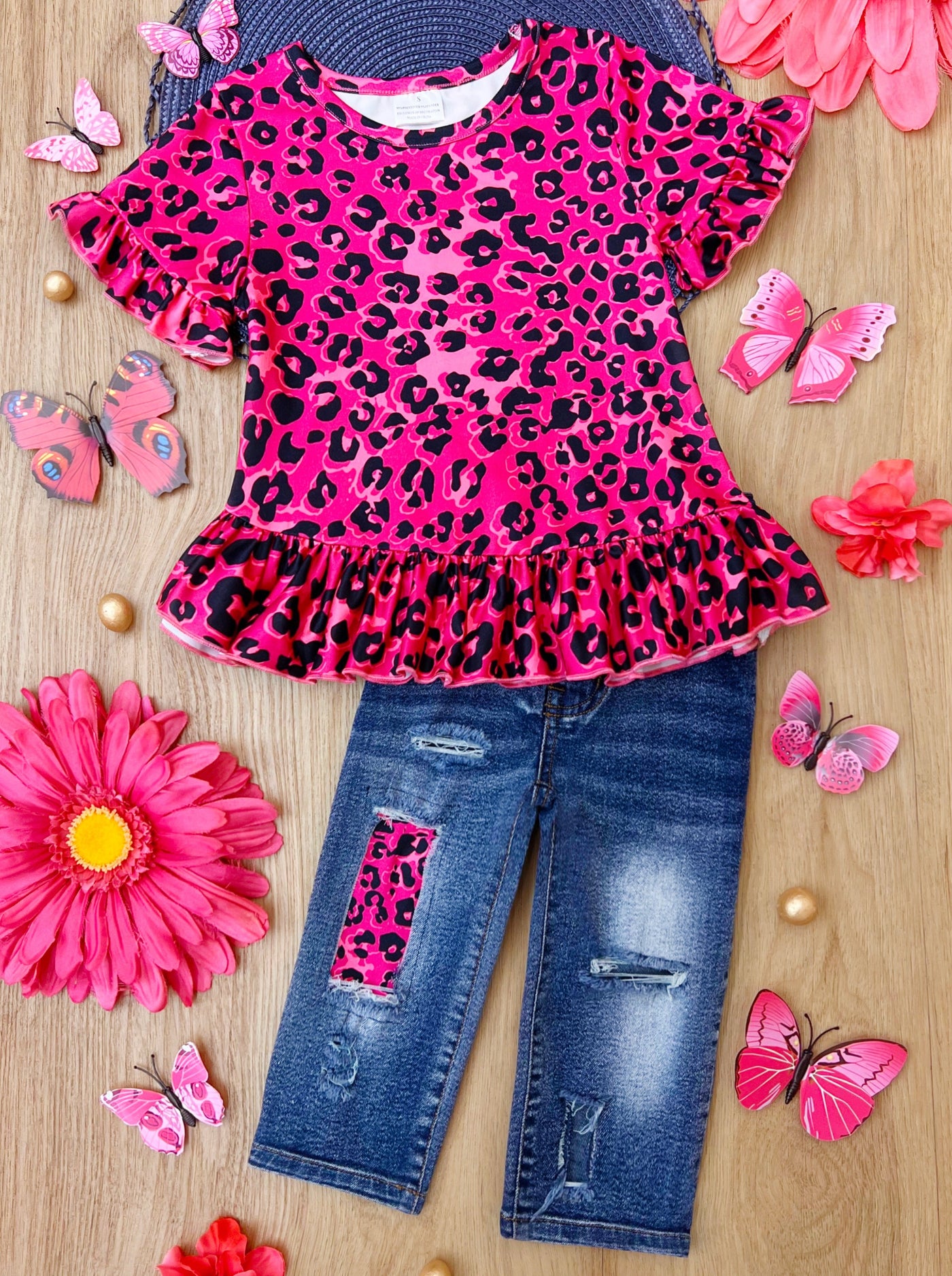Kids Spring Clothes | Girls Leopard Tunic & Patched Jean Capris Set