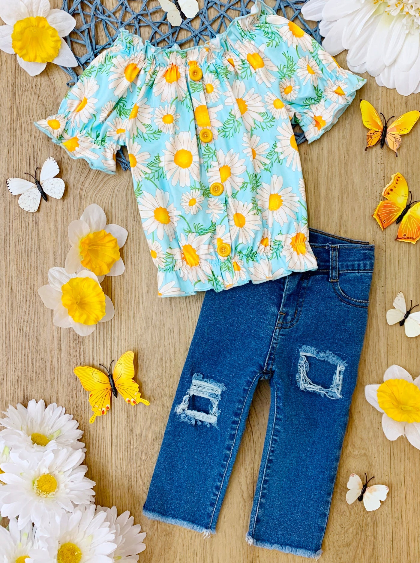 Kids Spring Clothes | Little Girls Daisy Smock Top & Denim Capris Set