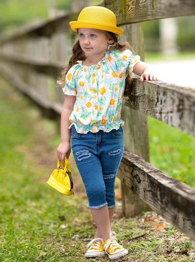 Kids Spring Clothes | Little Girls Daisy Smock Top & Denim Capris Set