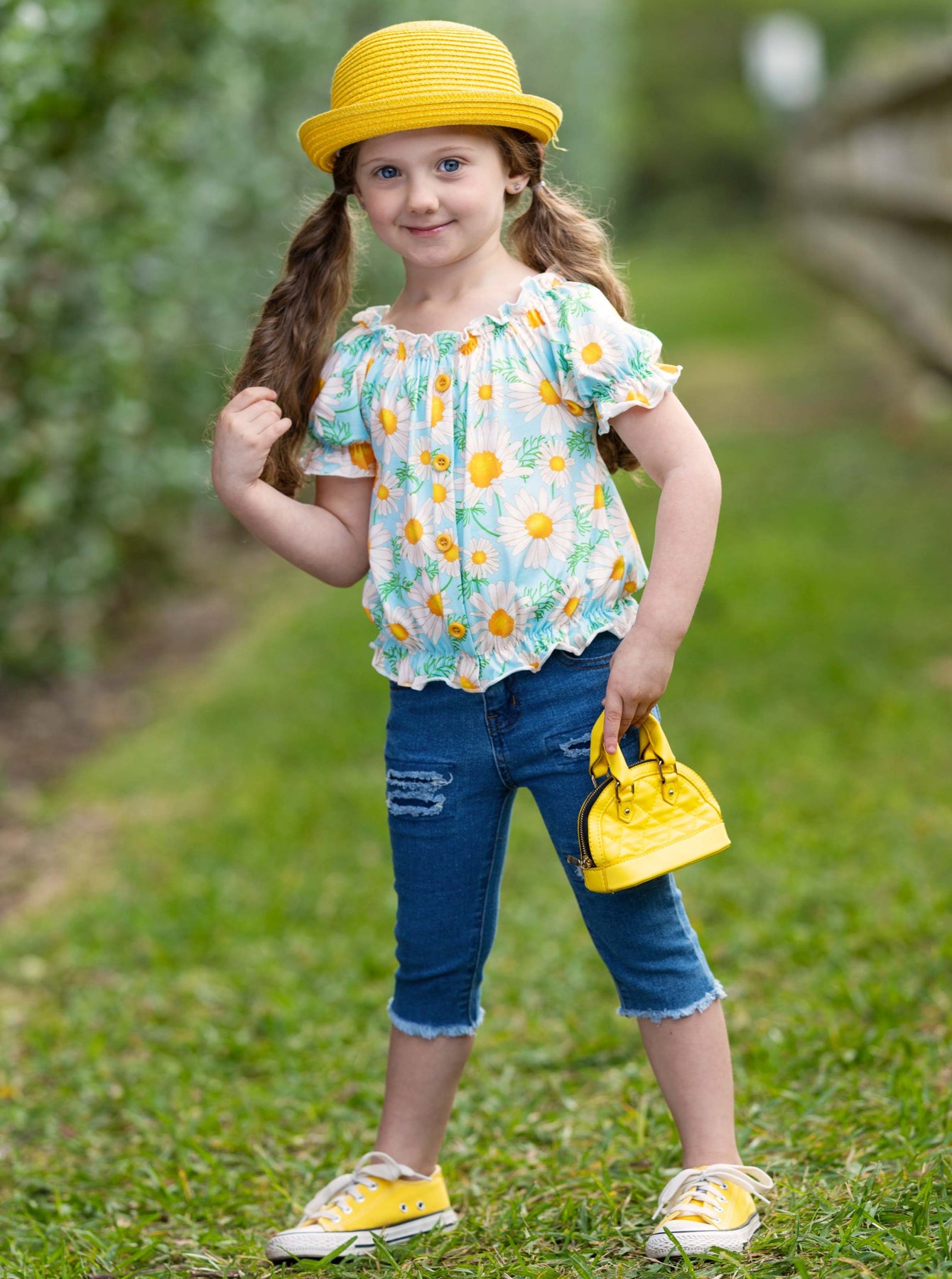 Kids Spring Clothes | Little Girls Daisy Smock Top & Denim Capris Set ...