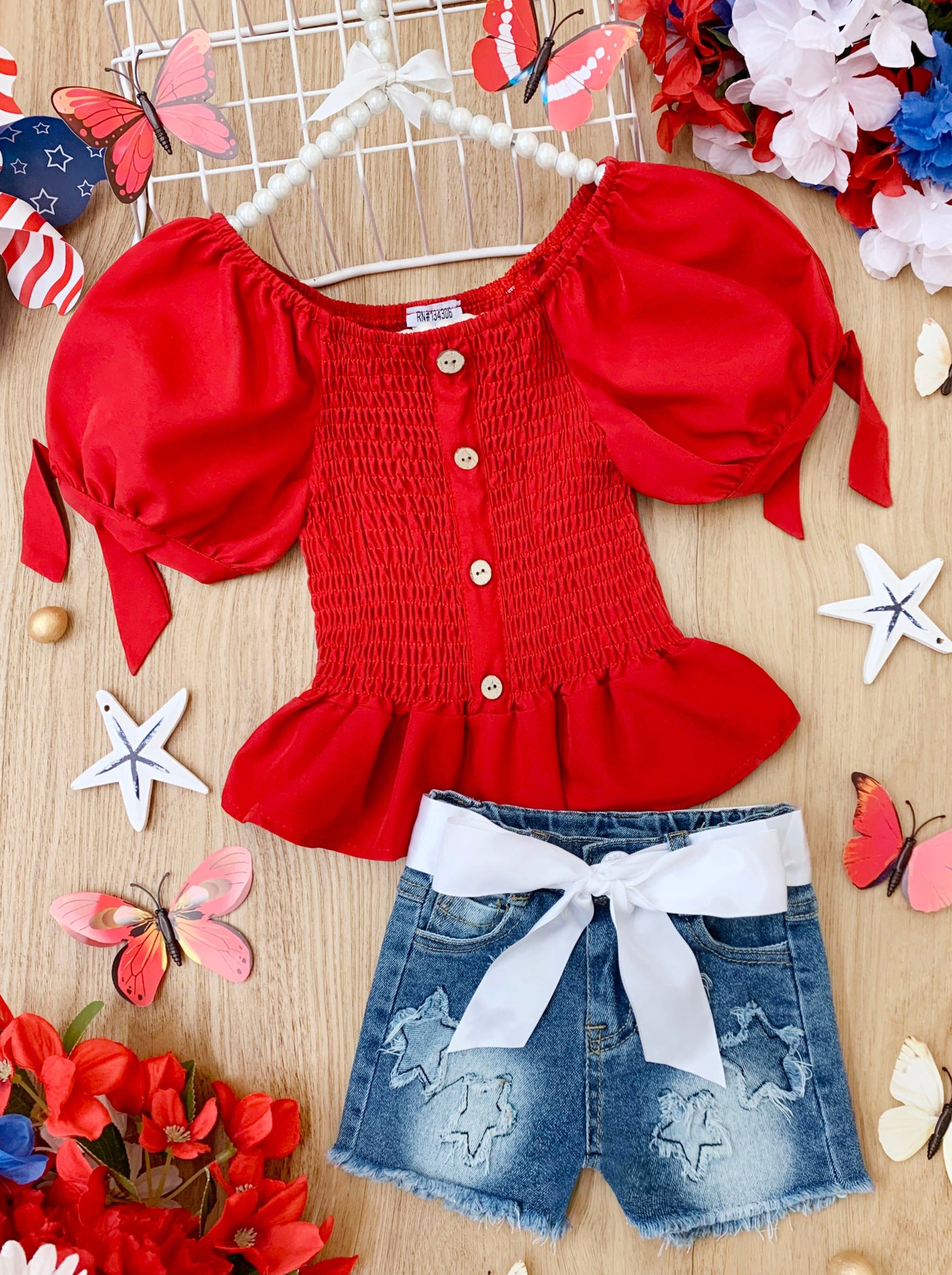 Girls 4th of July Outfits | Red Smocked Top & Star Patched Shorts Set