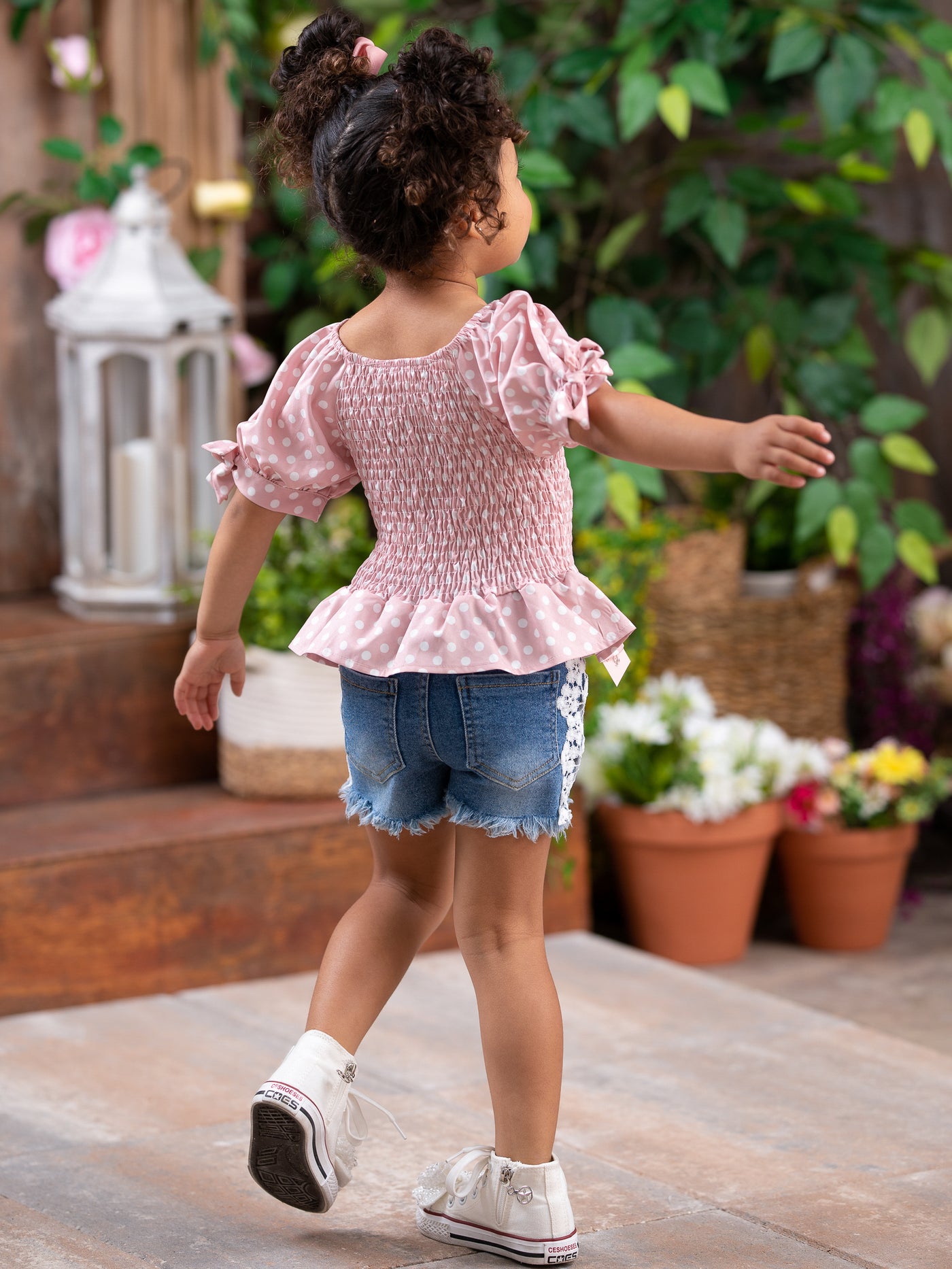 Girls Spring Outfits | Polka Dot Ruffle Top & Lace Lined Shorts Set 
