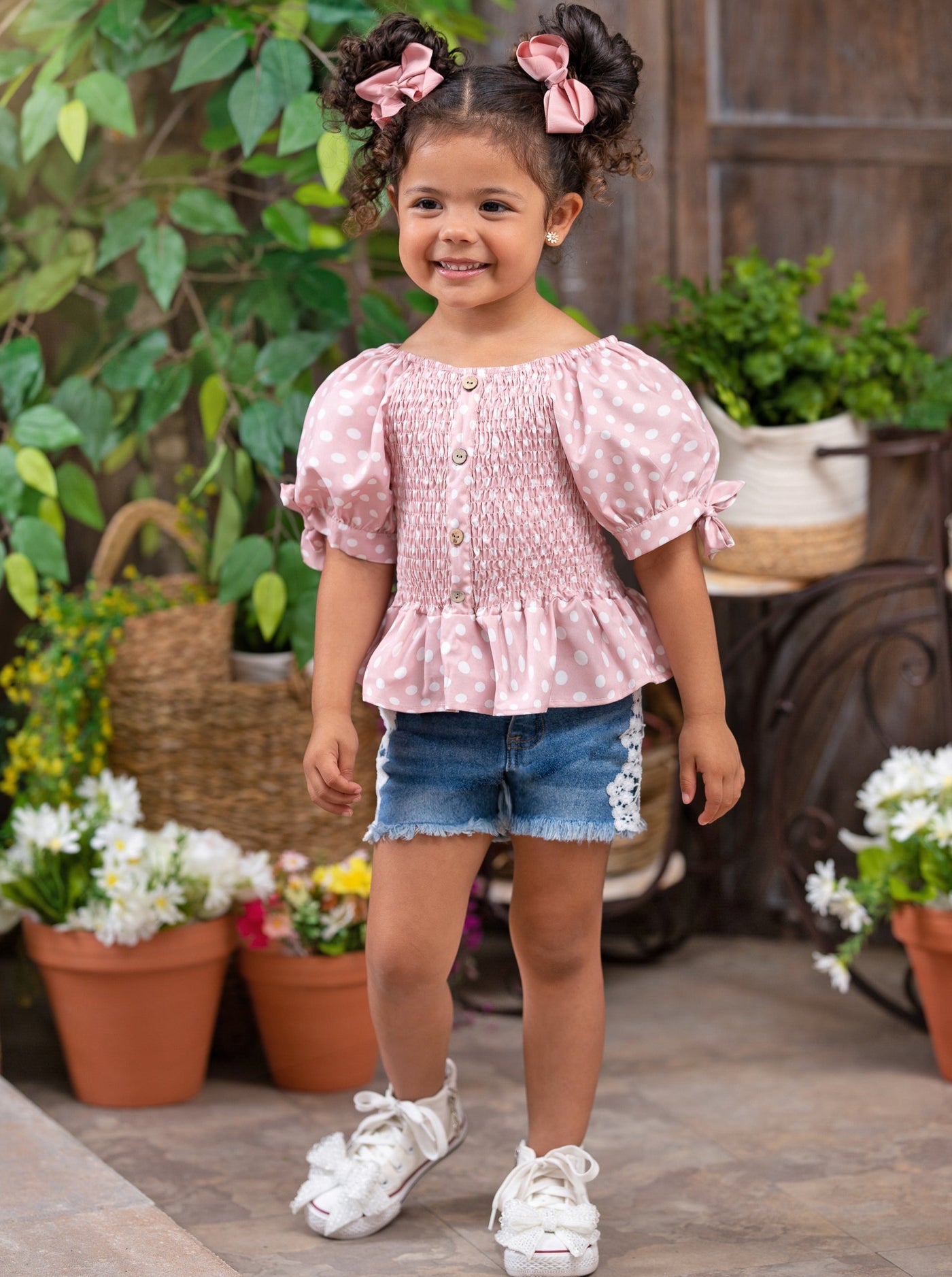 Girls Spring Outfits | Polka Dot Ruffle Top & Lace Lined Shorts Set 
