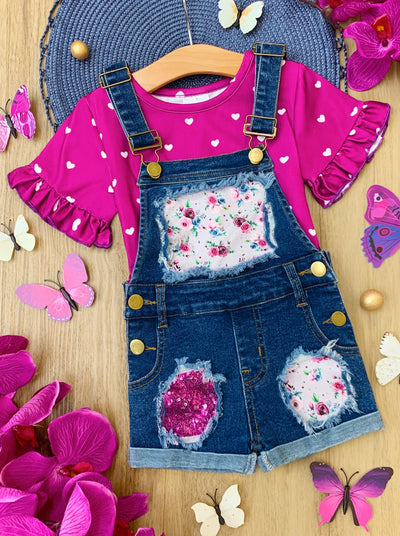 Awesome Blossom Top & Patched Denim Overalls Set - Spring Casual Set - Mia Belle Girls