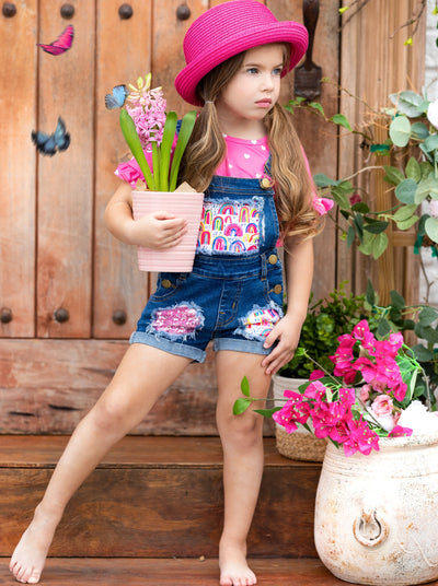Girls Spring Sets | Polka Dot Heart Top & Patched Denim Overall Shorts