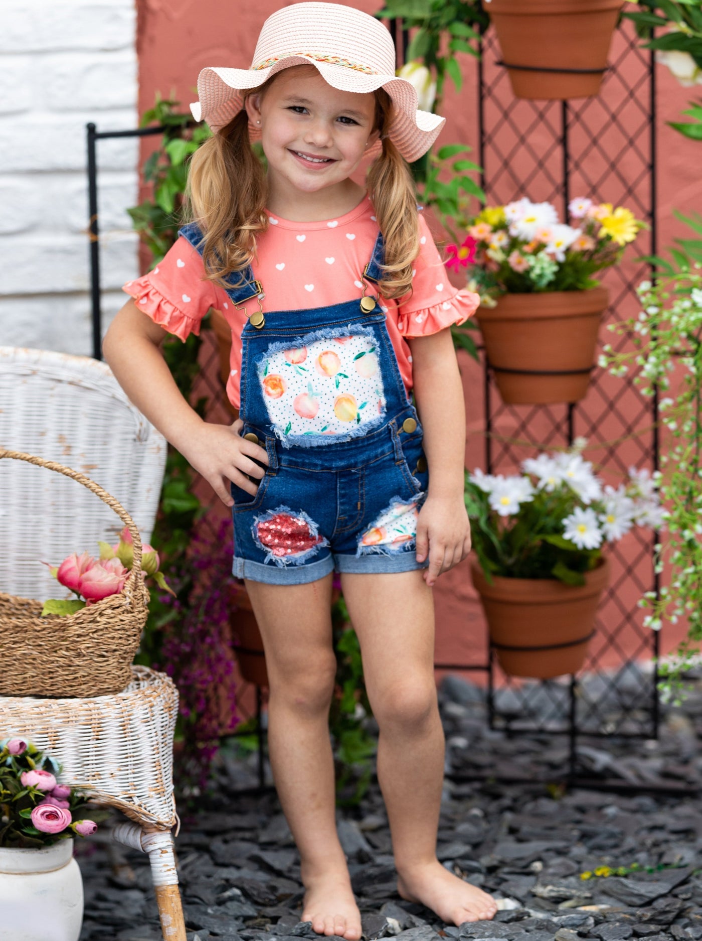 Spring Clothes | Girls Polka Dot Heart Top & Patched Overall Shorts
