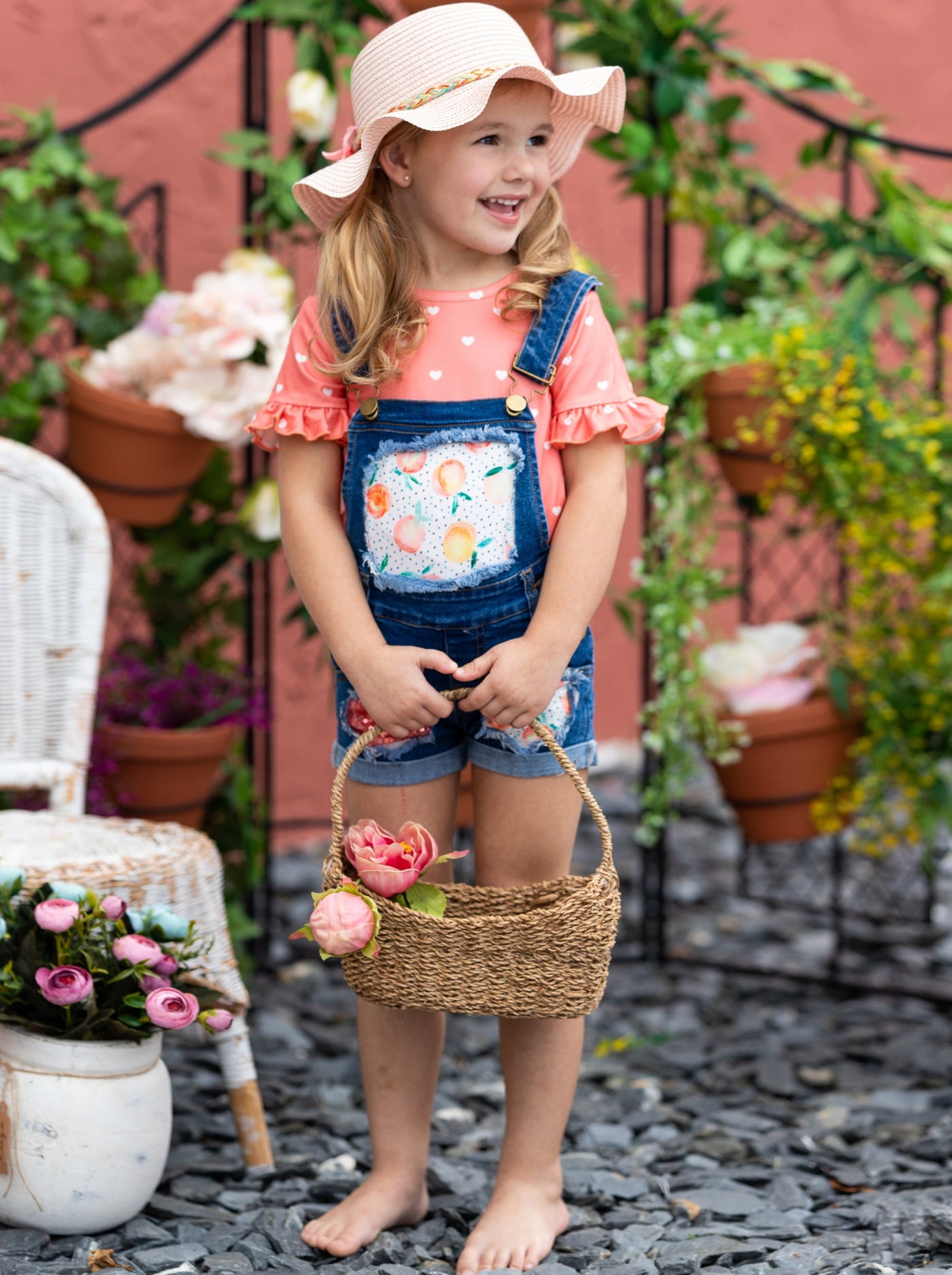 Spring Clothes | Girls Polka Dot Heart Top & Patched Overall Shorts