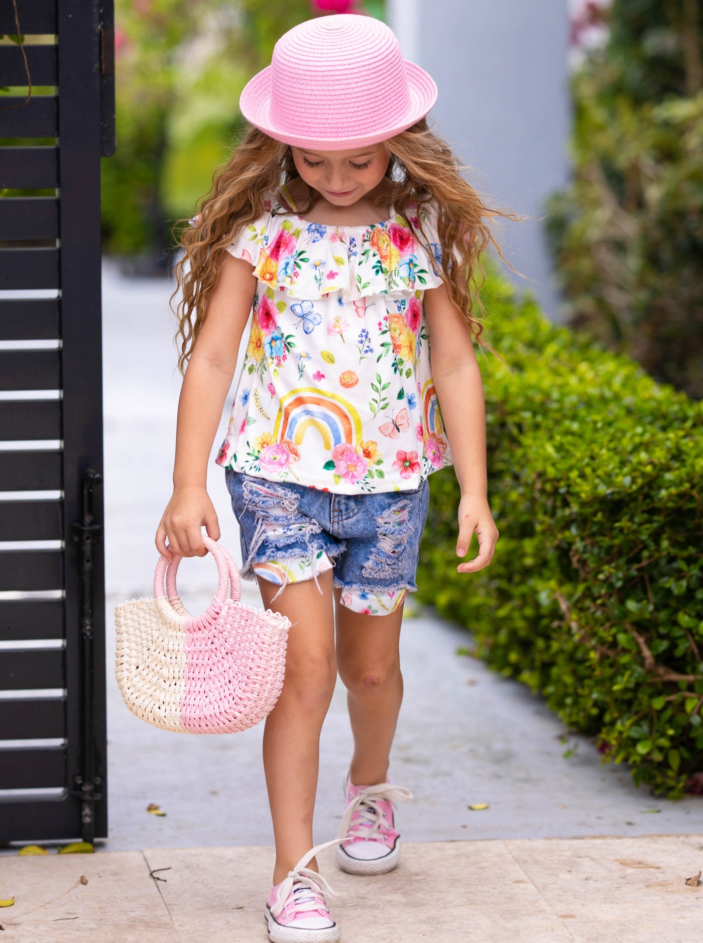 Girls Spring Casual Sets | Rainbow Flower Top & Ripped Jean Shorts Set