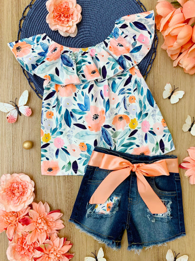 Girls Spring Outfits | Toddler Ruffle Top & Patched Denim Shorts Set