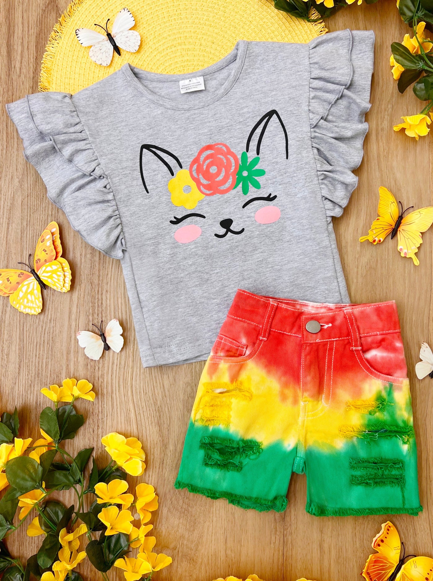 Kids Spring Outfit | Girls Kitten Graphic Tee & Ombré Denim Shorts Set