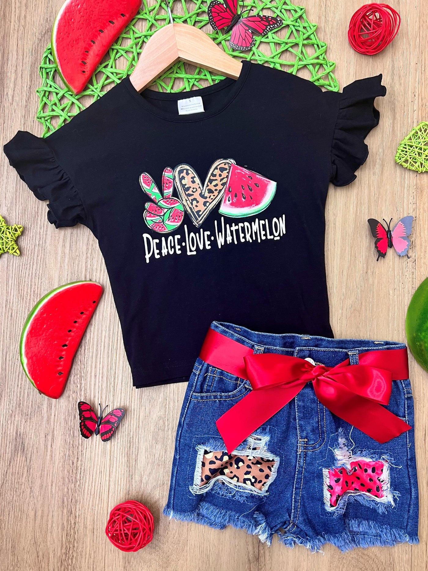 Kids Spring Fashion | Girls Watermelon Top & Patched Denim Shorts Set