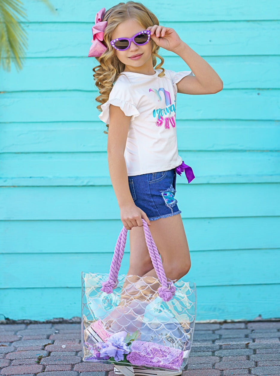Toddler Spring Clothes | Little Girls Mermaid Tee & Patched Jeans Set