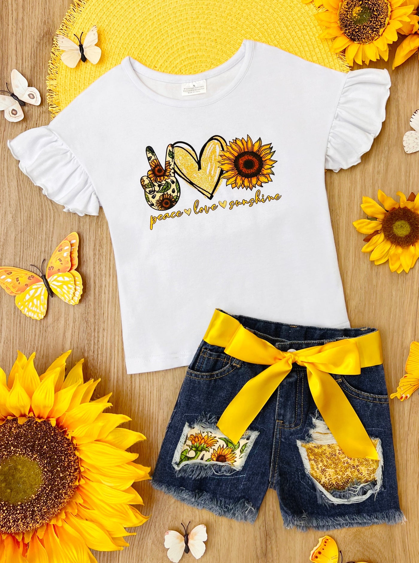 Kids Spring Clothes | Girls Sunshine Top & Patched Denim Shorts Set