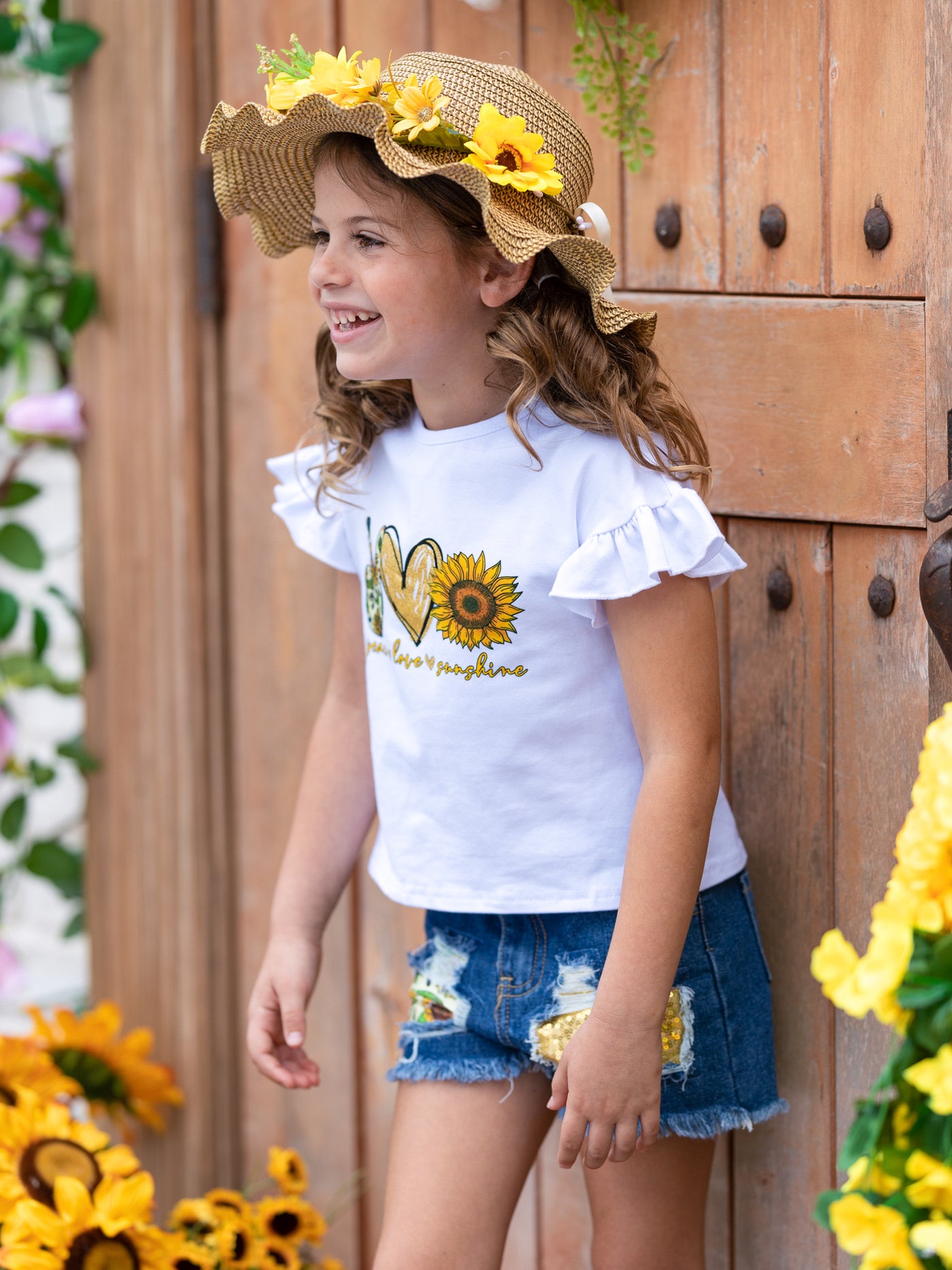 Kids Spring Clothes | Girls Sunshine Top & Patched Denim Shorts Set