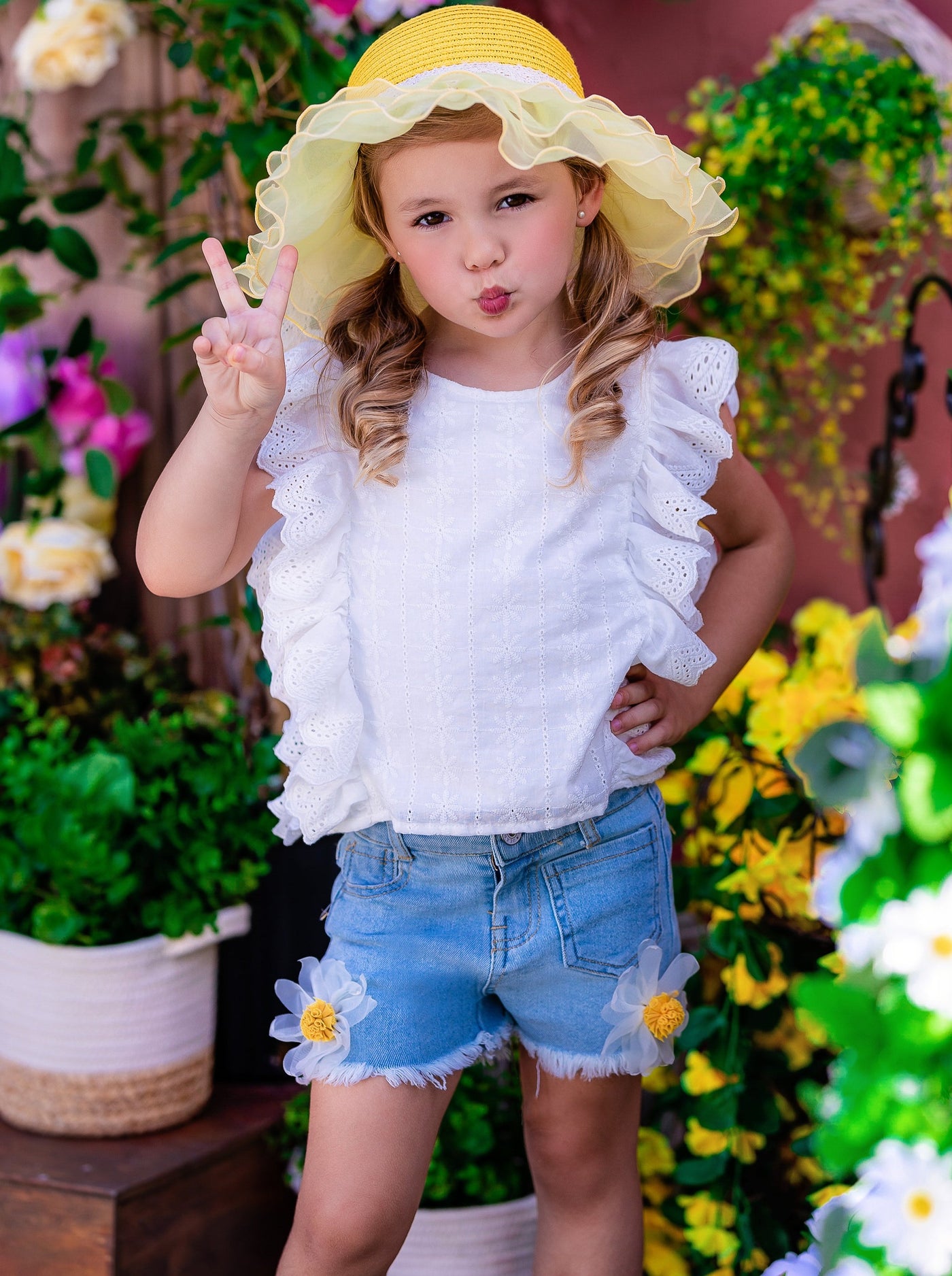 Kids Spring Fashion | Girls Eyelet Ruffle Top & Daisy Denim Shorts Set
