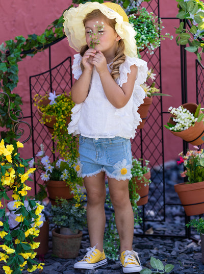 Kids Spring Fashion | Girls Eyelet Ruffle Top & Daisy Denim Shorts Set