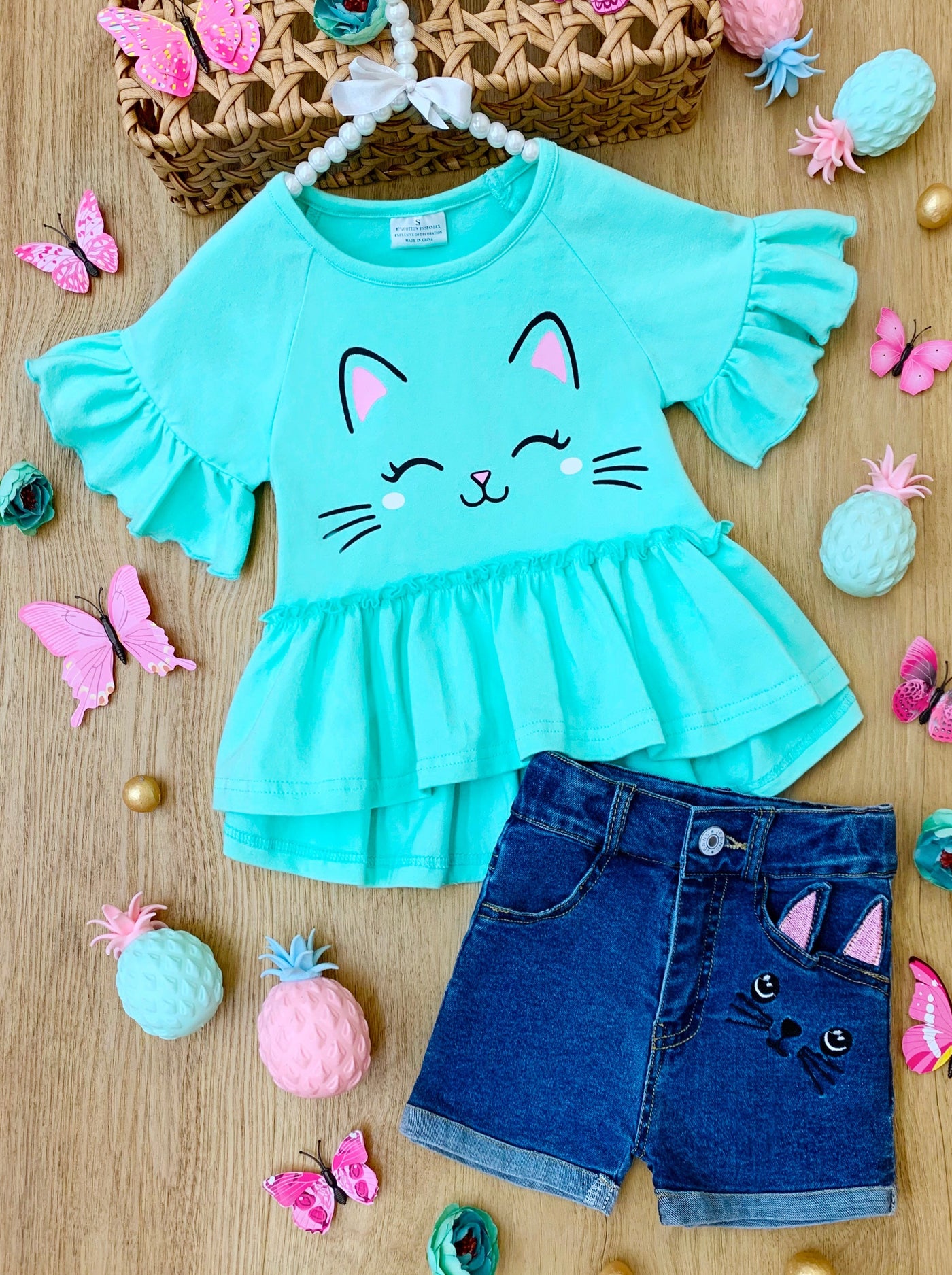 Girls Spring Outfits | Ruffle Kitten Top & Cuffed Jean Shorts Set