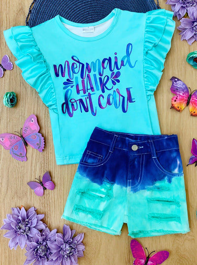 Girls set features a flutter sleeve top with "Mermaid Hair Don't Care" print and tie-dye denim shorts