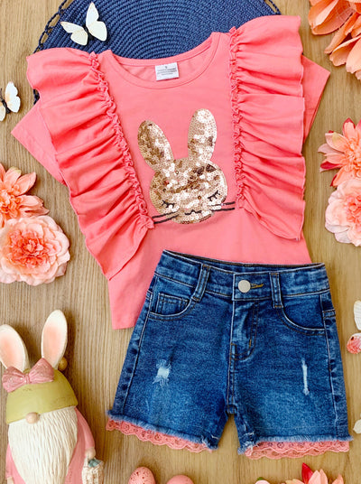 Mia Belle Girls Sequin Bunny Top And Denim Shorts Set | Easter Sets