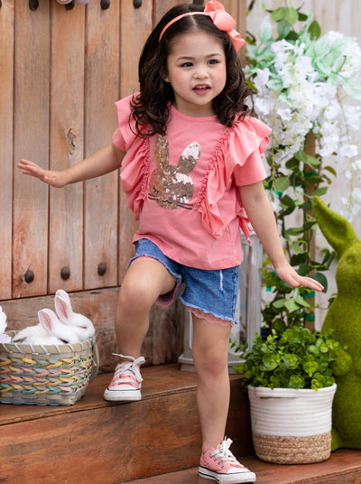 Mia Belle Girls Sequin Bunny Top And Denim Shorts Set | Easter Sets