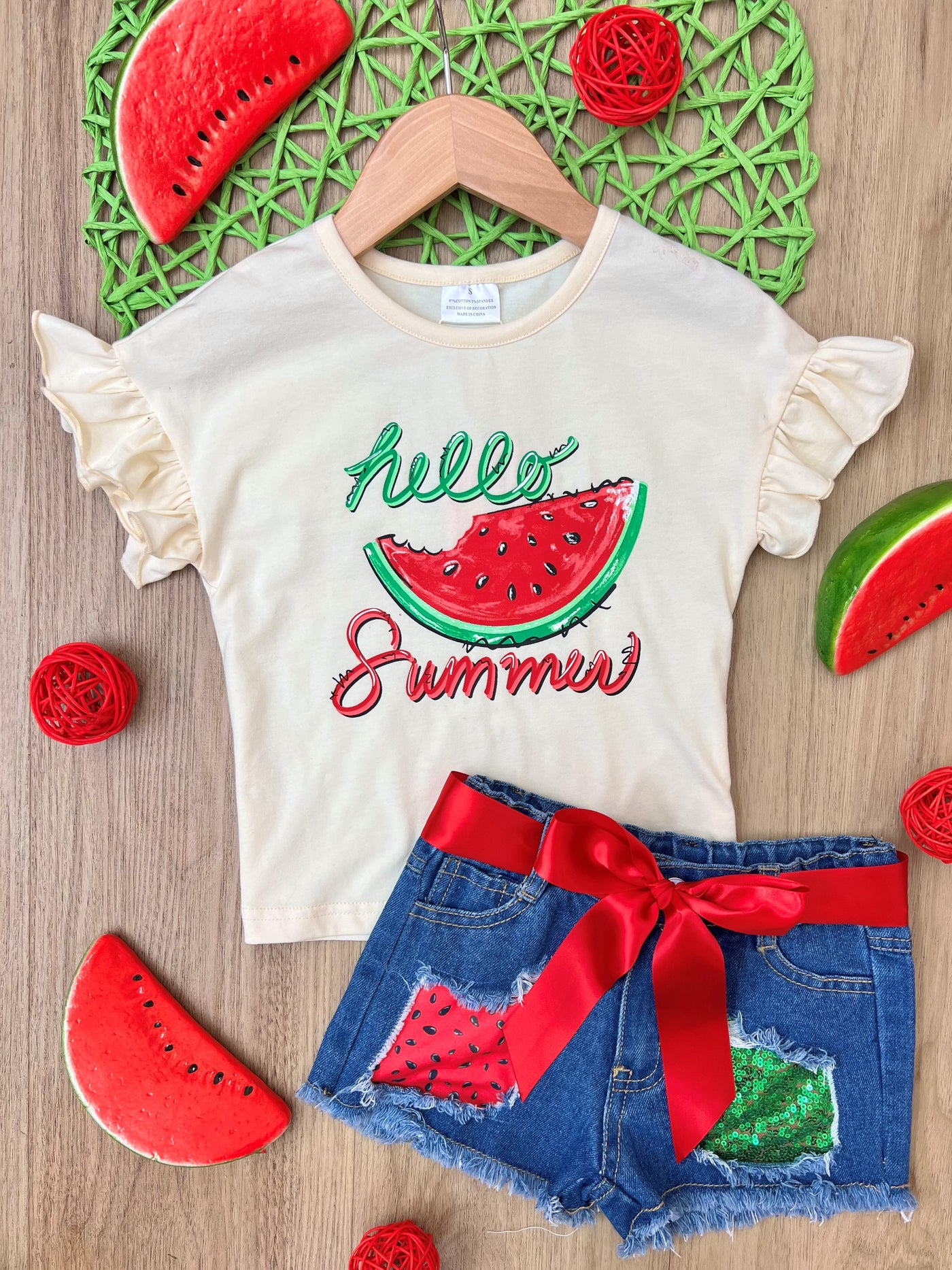 Kids Summer Clothes | Girls Watermelon Top & Patch Denim Shorts Set