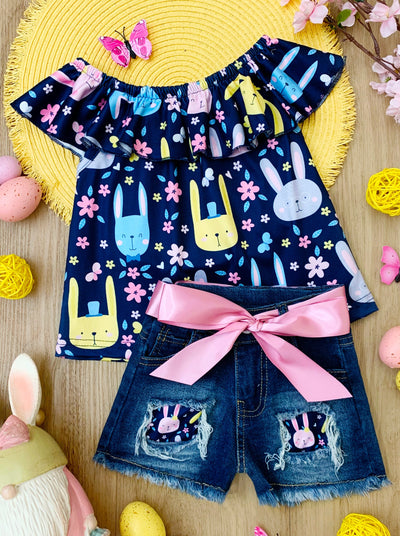 Girls Bunny Butterfly Sleeve Top and Patched Denim Shorts with Sash