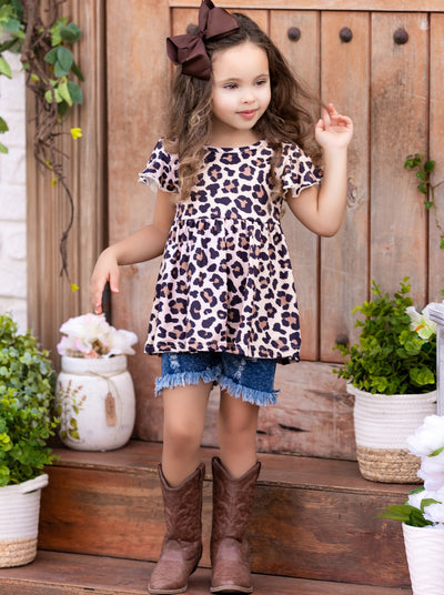 Girls "Wild and Glam" Leopard Print Ruffle Top and Jean Shorts with Sash Set