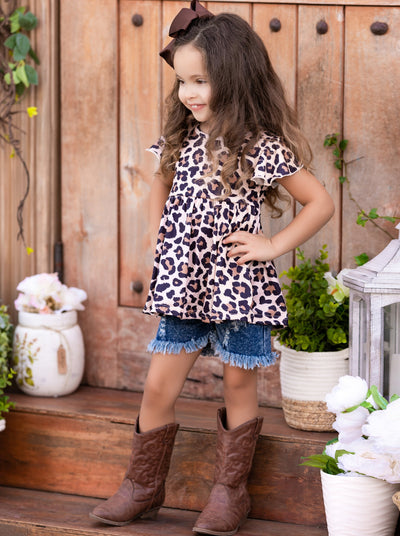 Girls "Wild and Glam" Leopard Print Ruffle Top and Jean Shorts with Sash Set